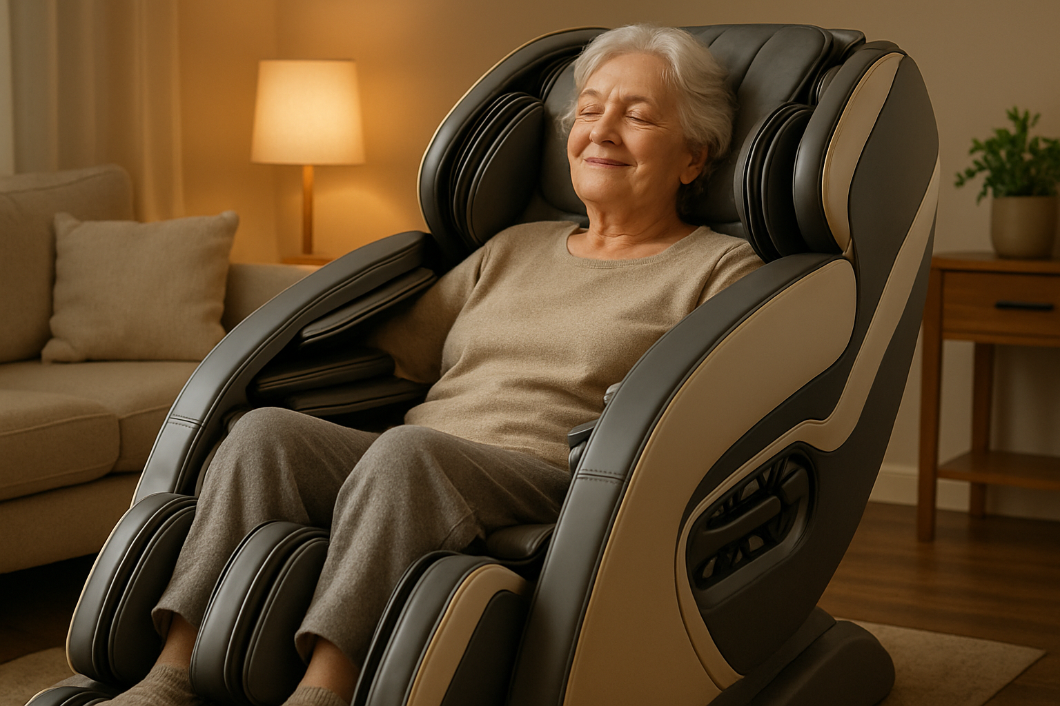 an old lady using massage chair 